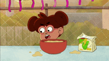 a cartoon of a girl eating a bowl of cereal
