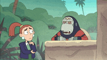 a cartoon of a girl talking to a gorilla