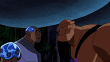 two cartoon characters looking at each other with one wearing a helmet that says o on it