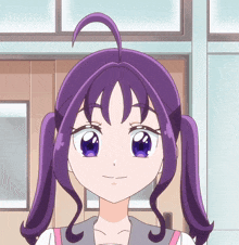 a girl with purple hair and blue eyes stands in front of a door