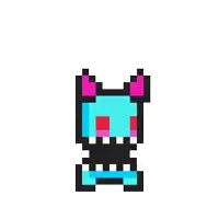 a pixel art drawing of a monster with red eyes and pink ears .