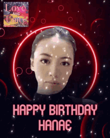 a woman 's face is surrounded by red circles and says happy birthday hanae