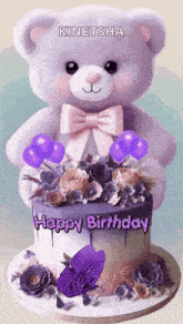 a teddy bear is sitting on top of a purple birthday cake with flowers and balloons .