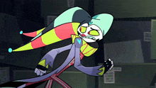 a cartoon character is wearing a colorful hat and a scarf