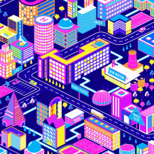 an illustration of a city with a sign that says now hiring