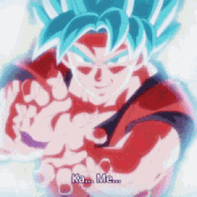 a cartoon character with blue hair is saying ka ... me ...
