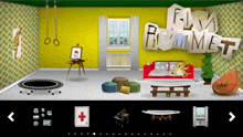 a room with a red couch and a trampoline with the word rummet written on the wall