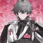 a boy with a microphone in front of him with a x on it