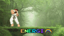 a pixel art of a man standing on a bridge with the word energi in the background