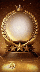 a gold trophy with a crown and three gold stars