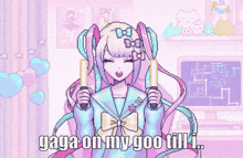 a pixel art of a girl singing into a microphone with the words gaga on my goo till i.