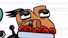 a cartoon drawing of a person eating a bowl of gummy bears