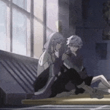 a couple of anime characters are sitting next to each other in front of a window