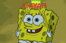 a cartoon of spongebob wearing a green and yellow hat with the word aniyah written on it