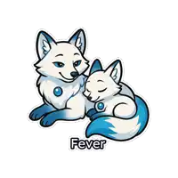 a sticker of two foxes with the word fever on it