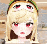 a girl with blonde hair and red eyes wearing a hamburger hat
