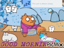 a good morning picmix with a cartoon character sleeping on a table