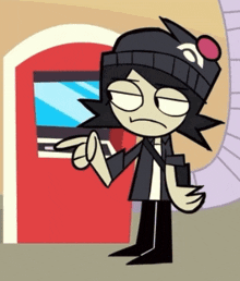 a cartoon character is standing in front of a red door and pointing at something