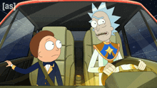 rick and morty are sitting in a car with the letters a and s on the bottom right