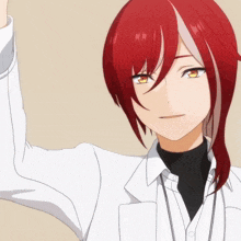 a boy with red hair and yellow eyes is wearing a white shirt
