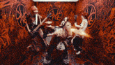 a group of people playing instruments in front of a wall with a symbol on it
