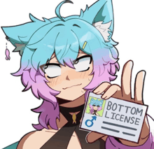 a cartoon girl holding a bottom license