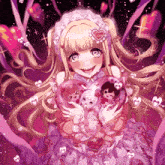 a girl in a pink dress is holding a heart shaped doll