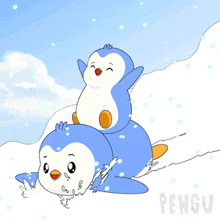 two penguins are playing in the snow and the word pengu is on the bottom left
