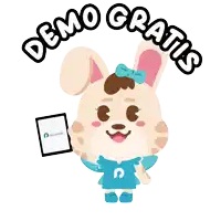 a cartoon of a rabbit holding a tablet with the words demo gratis surrounding it