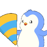 a blue and white penguin is holding an orange bucket