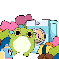 a cartoon frog is standing next to a pile of laundry