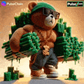 a teddy bear is carrying a stack of green candles on his back