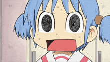 a close up of a cartoon character with blue hair