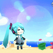 hatsune miku is standing on the beach with a green bucket