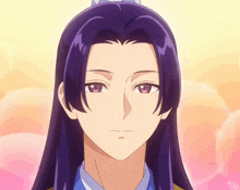 a close up of a girl 's face with long purple hair