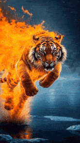 a tiger is jumping through the air with flames behind it .
