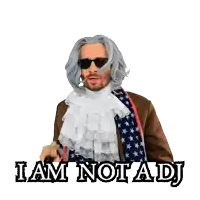 a man in a wig is pointing at a watch and the words i am not a dj