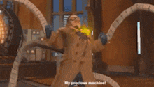 a cartoon character is standing in a room with a spider on his chest .