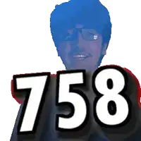 a man wearing glasses holds up the number 758 in front of his face