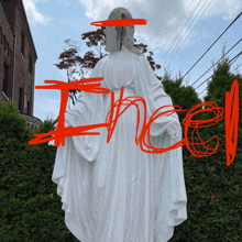 a white statue with the word i on it in red