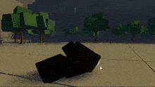 a cartoon character with a skeleton face is laying on the ground with trees in the background
