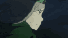a close up of a cartoon character with a green hat