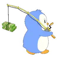 a penguin is holding a fishing rod and a stack of money