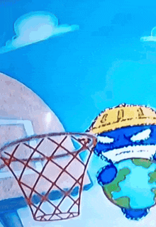 a cartoon drawing of a basketball hoop and a globe with the letter a on it