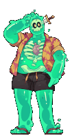 a green cartoon character with a sword sticking out of his chest