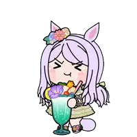 a cartoon of a girl with purple hair drinking a drink