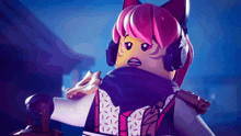 a lego girl with pink hair and headphones on