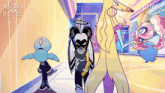 three cartoon characters are standing in a hallway with the words hazbin hotel behind them