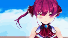 a girl with red hair and red eyes is wearing a bow tie