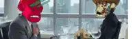 a man in a suit and tie is sitting at a table with a cartoon character on his head